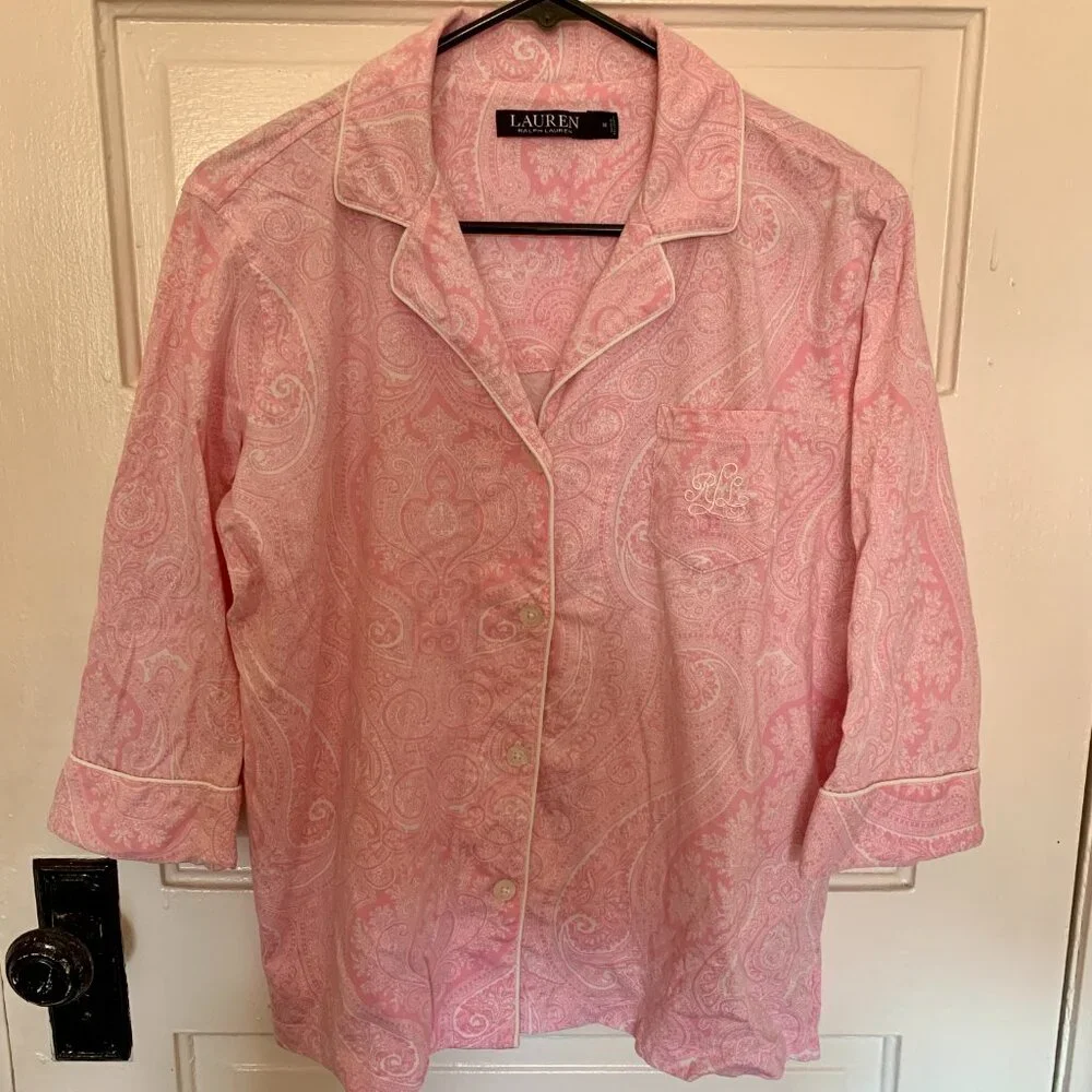 Lauren Ralph Lauren Pink Cotton Paisley Monogram Crop Pajama Set, Size M - Picture 2 of 7